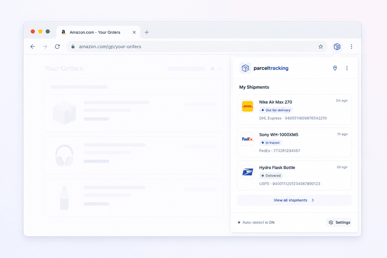 The parceltracking side panel docked beside an Amazon orders tab