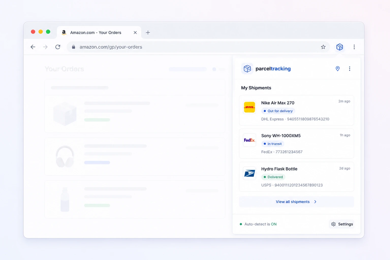 The ParcelTracking side panel docked beside an Amazon orders tab