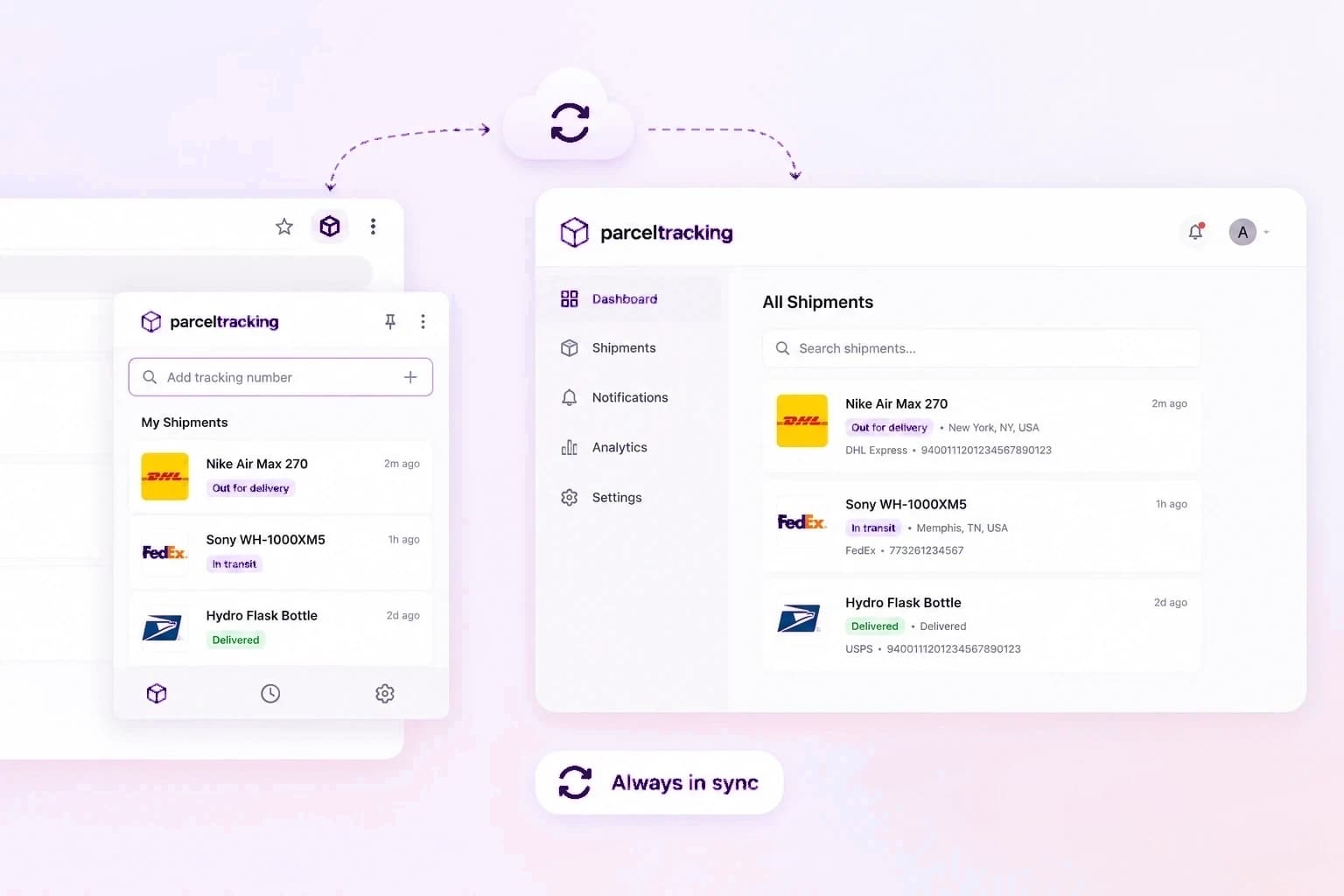 In der Seitenleiste verfolgte Pakete, synchronisiert mit dem ParcelTracking-Dashboard