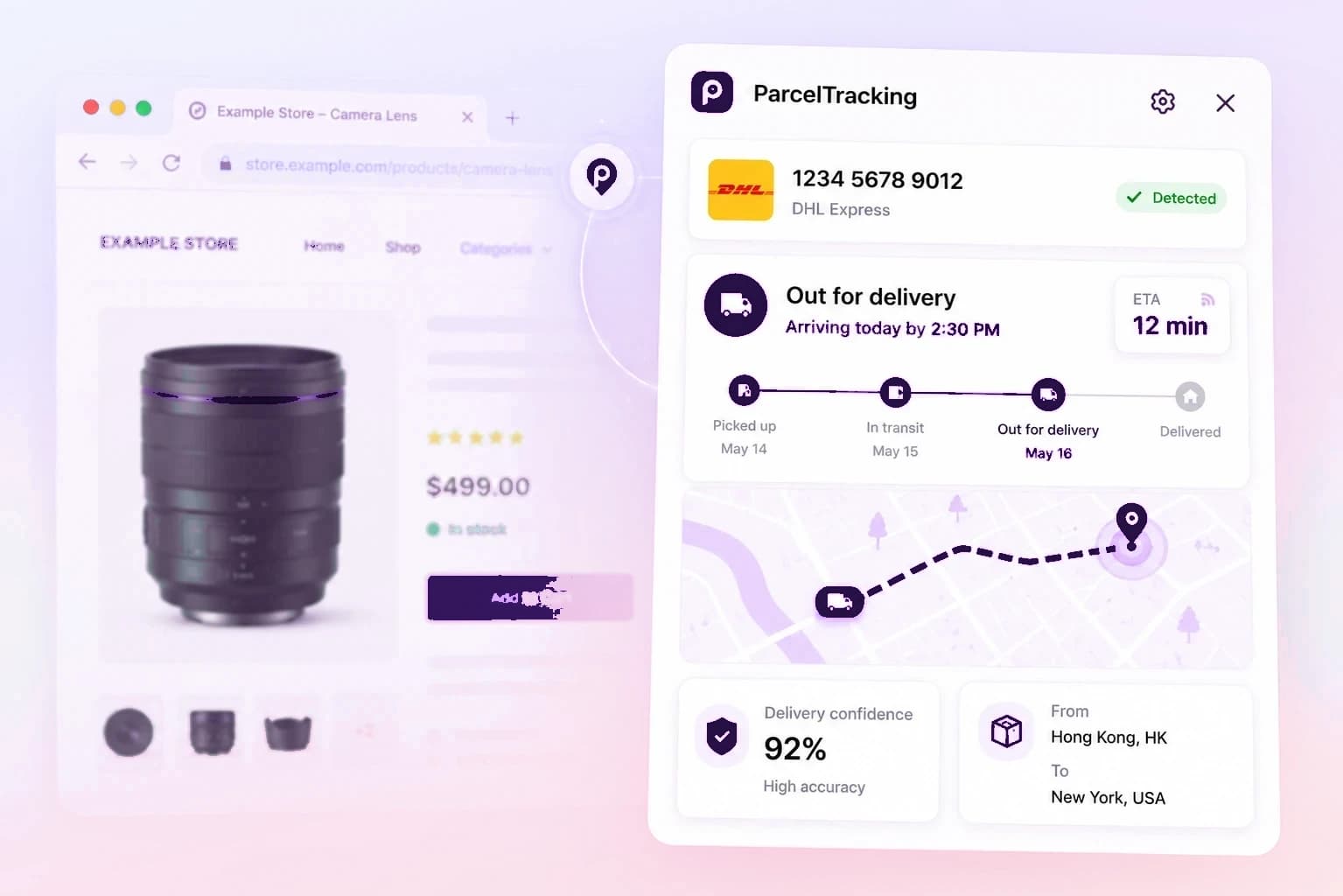 Die ParcelTracking-Seitenleiste neben einer Shopseite, mit einem automatisch erkannten DHL-Paket, Live-Zeitleiste und Karte
