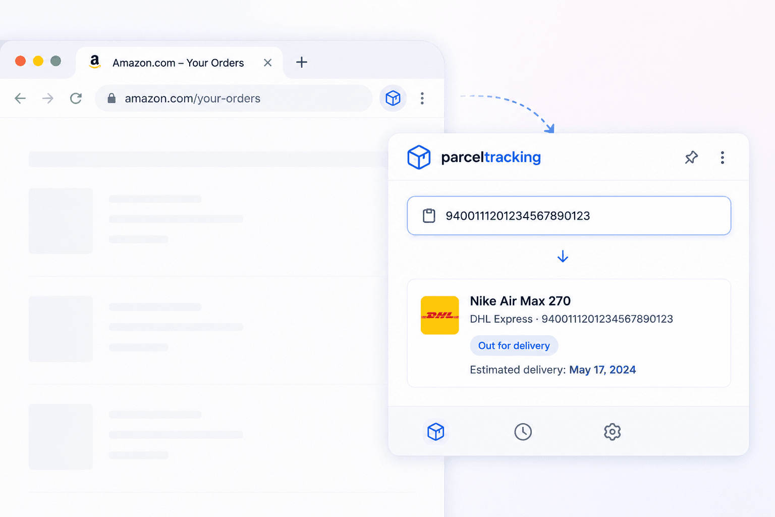 Pasting a tracking number into the extension panel to see live status instantly