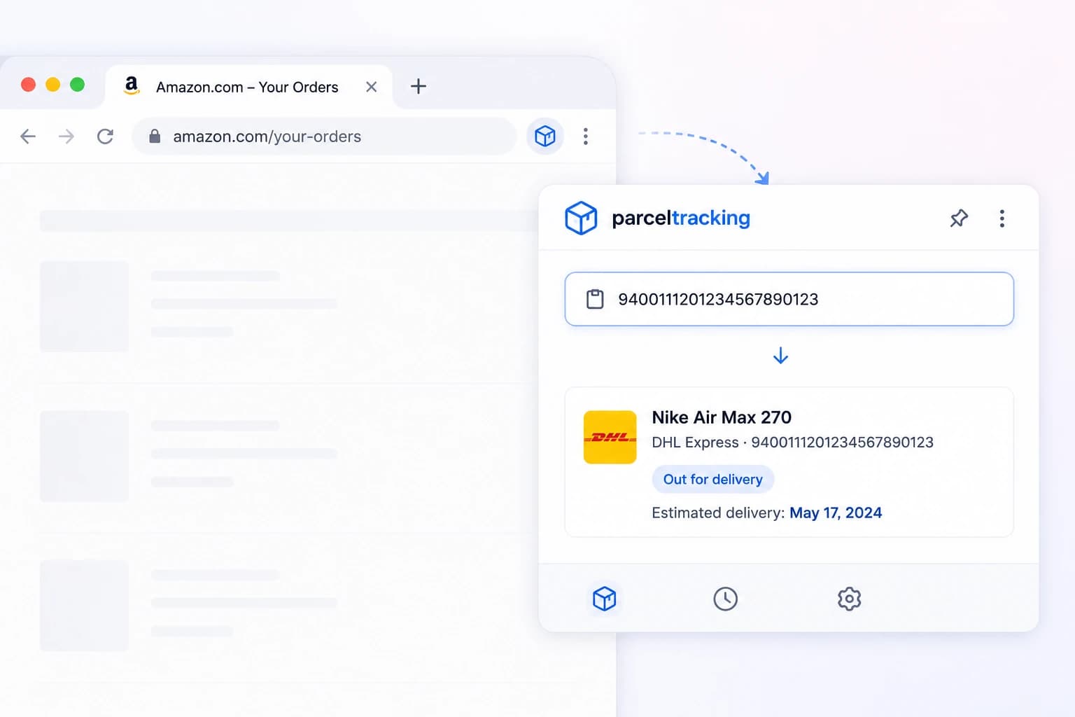 Pasting a tracking number into the extension panel to see live status instantly