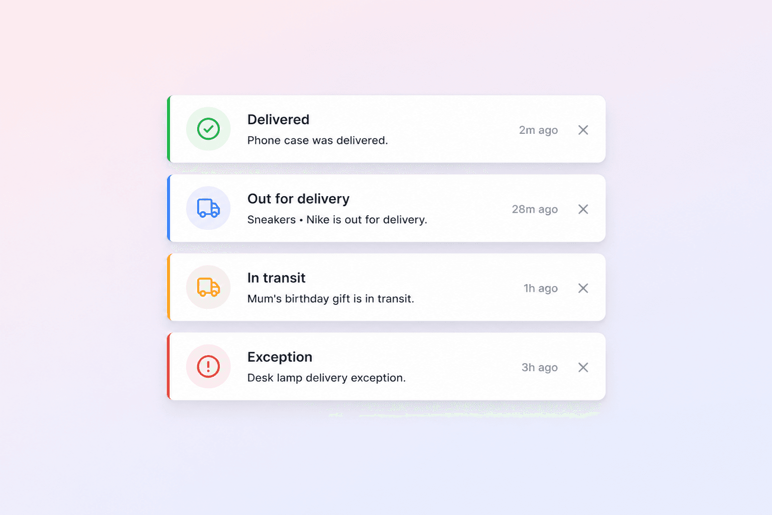 Delivery alerts feed: delivered, out for delivery, in transit and exception notifications