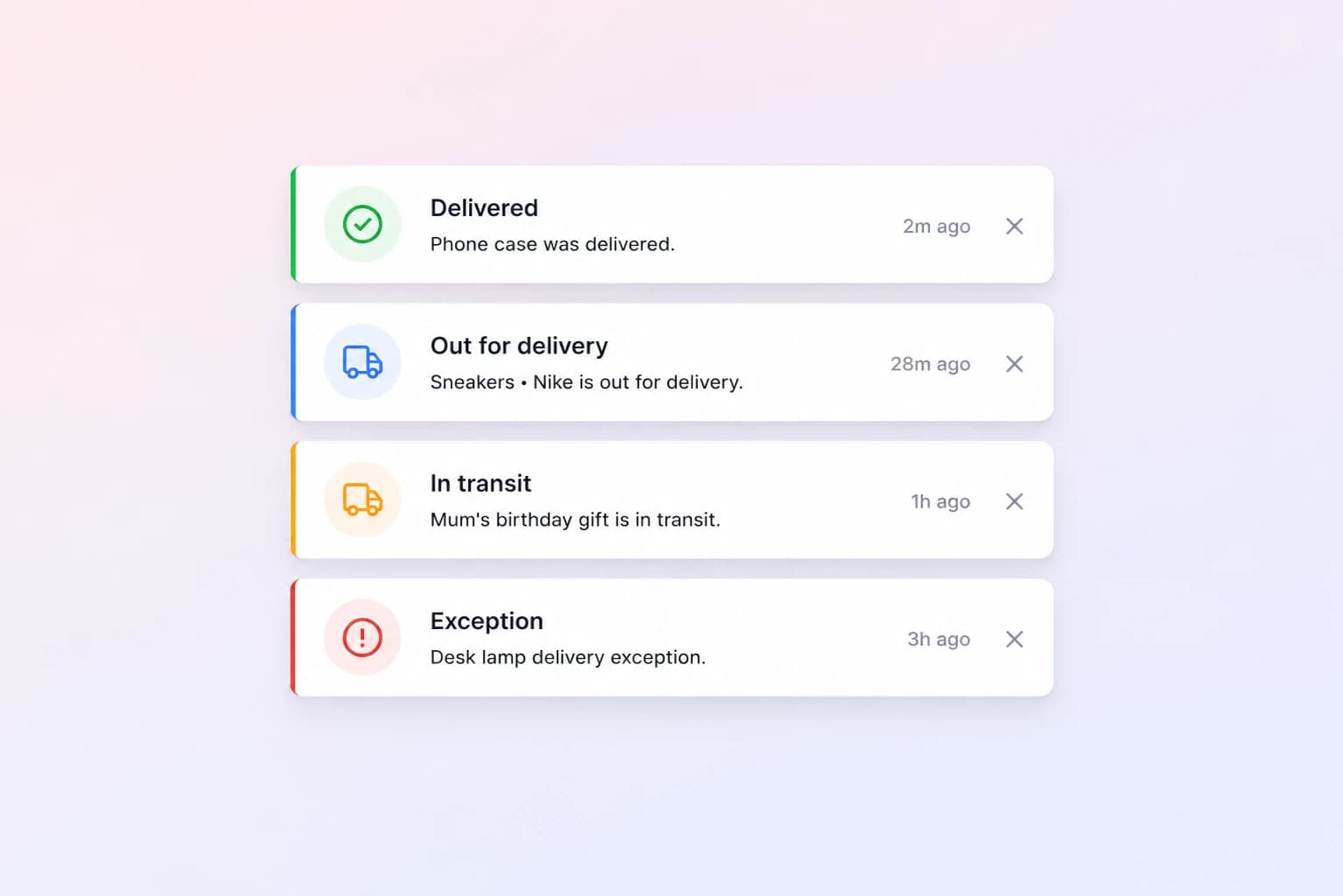 Delivery alerts feed: delivered, out for delivery, in transit and exception notifications
