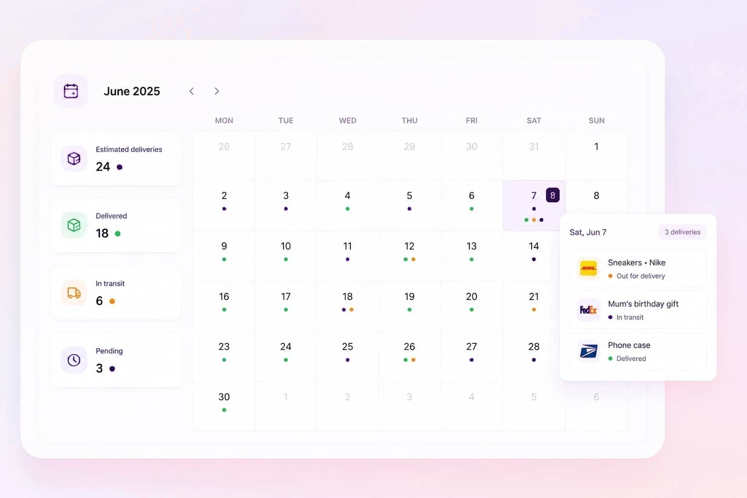 A delivery calendar showing which parcels arrive on which day