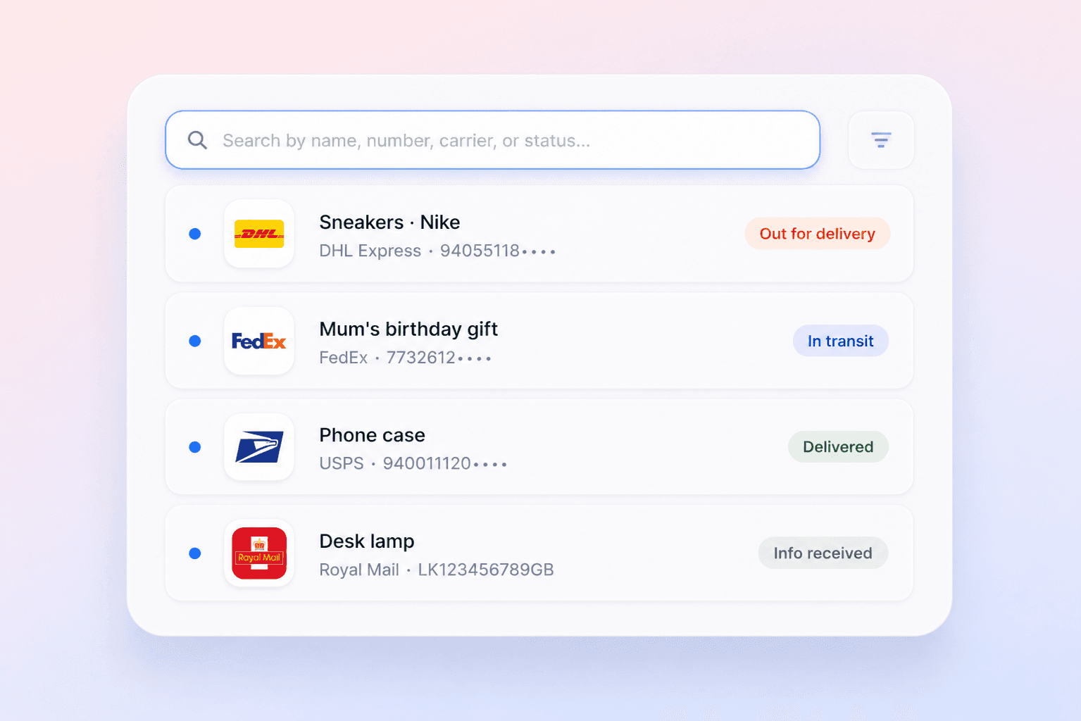Searching parcels by name, number, carrier or status — each with a friendly title and a status chip