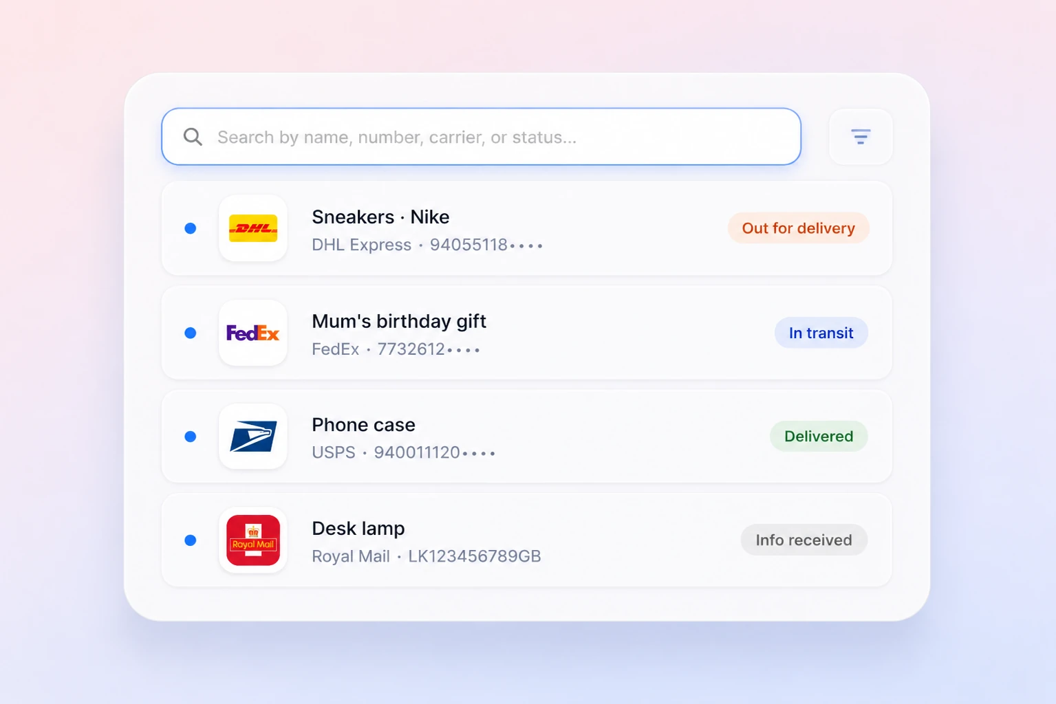 Searching parcels by name, number, carrier or status — each with a friendly title and a status chip