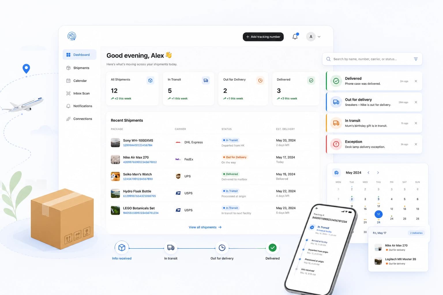 The ParcelTracking dashboard — every shipment in one searchable list with live status, KPIs and analytics