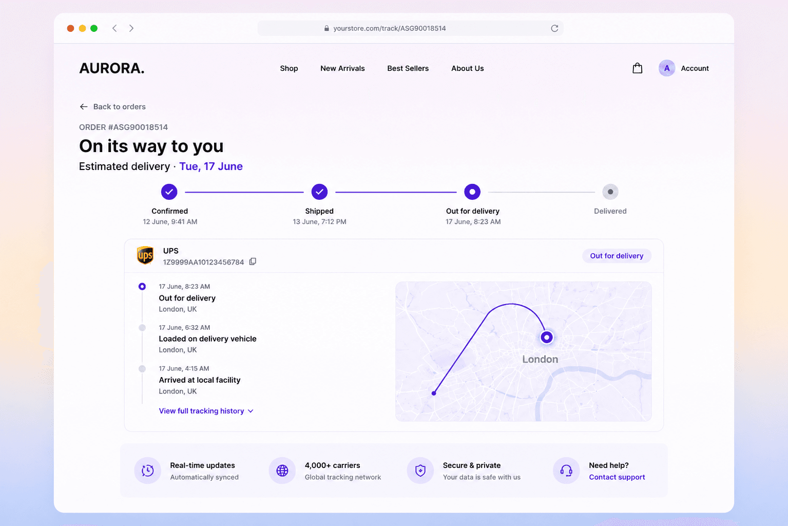 A shopper's branded order-tracking page with live status, ETA and full route timeline