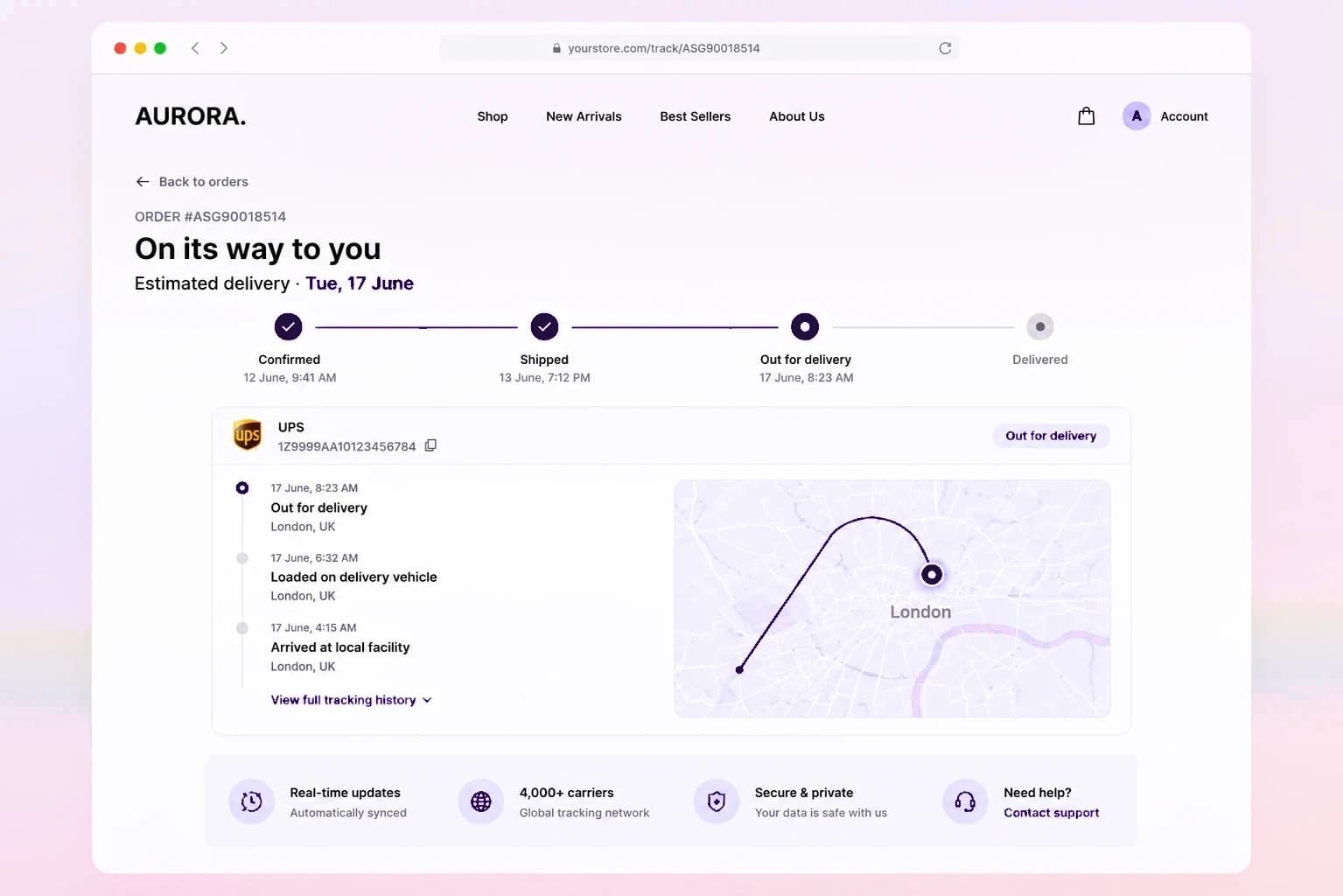 Die Tracking-Seite eines Shops mit Live-Status, voraussichtlicher Zustellung und kompletter Routen-Zeitleiste