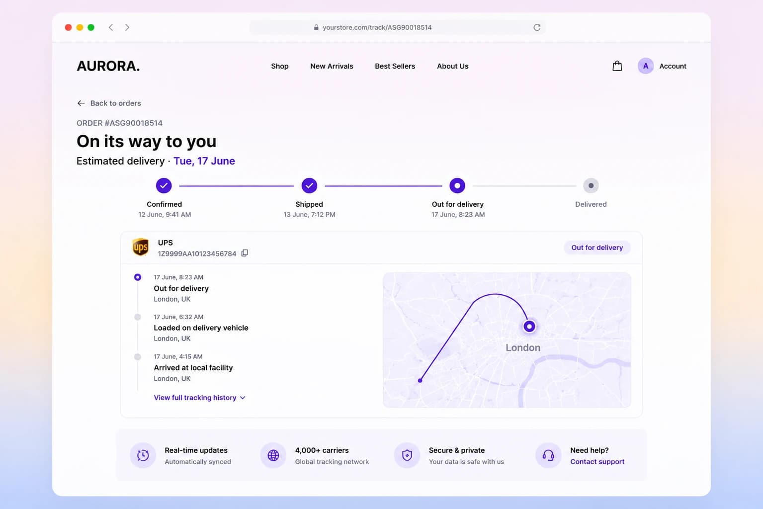 A shopper's branded order-tracking page with live status, ETA and full route timeline