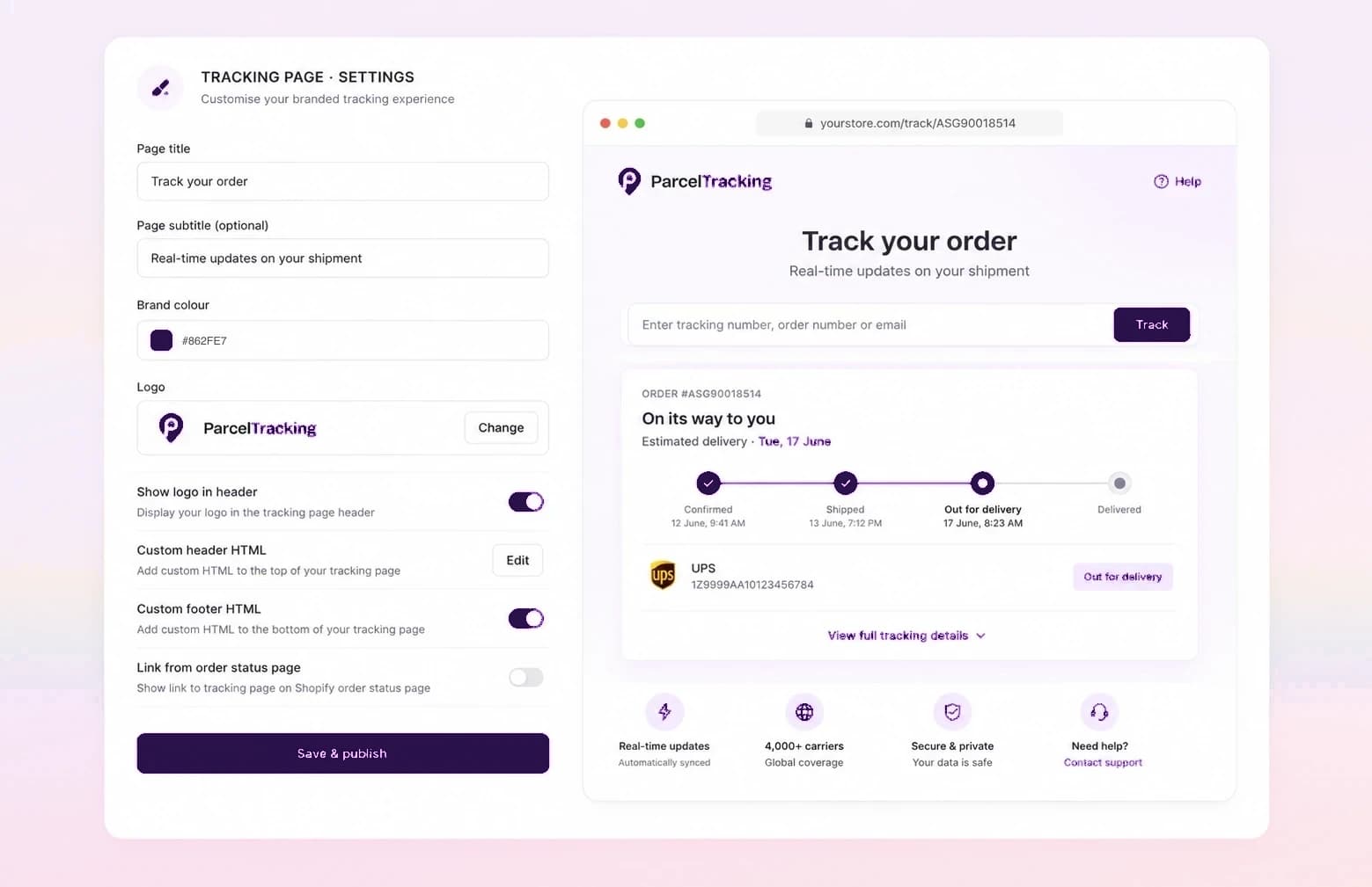 Die Einstellungen der Tracking-Seite im Shopify-Admin neben einer Live-Vorschau der Seite im Shop-Design