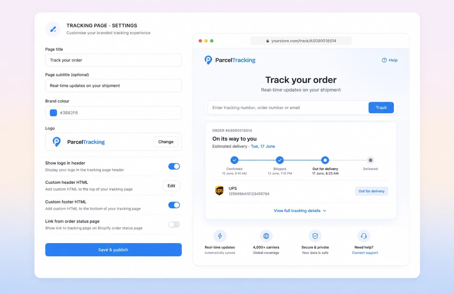 The Shopify admin tracking-page settings beside a live preview of the branded tracking page