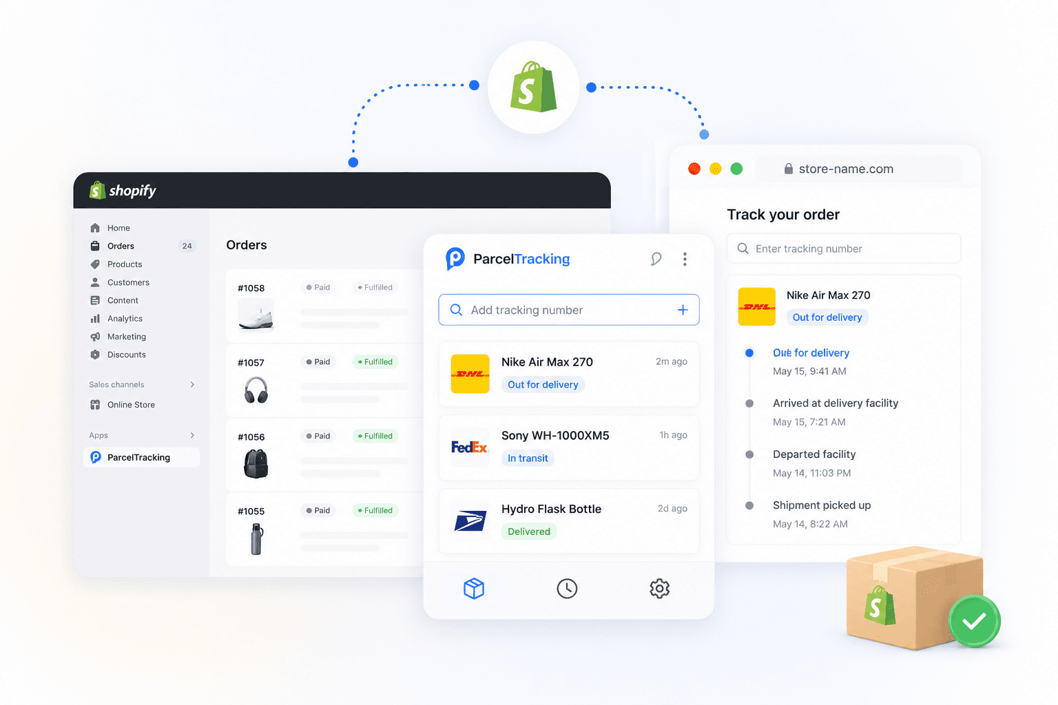 Shopify admin, the parceltracking panel, and a branded 'Track your order' page all connected