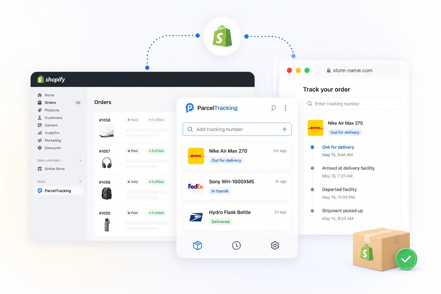 Shopify admin, the ParcelTracking panel, and a branded 'Track your order' page all connected