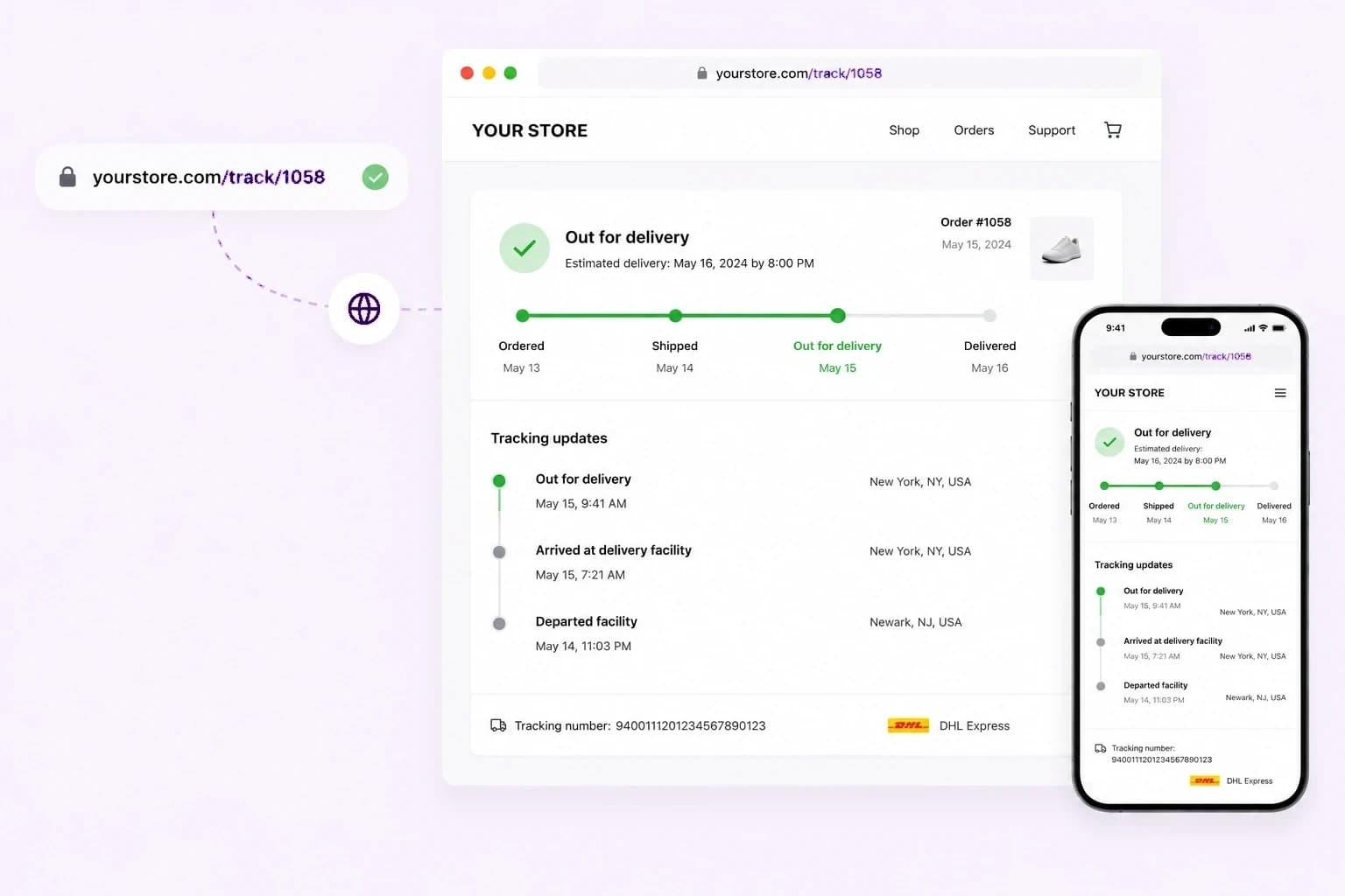 Die Tracking-Seite unter der eigenen Shop-URL des Händlers, auf Desktop und Smartphone