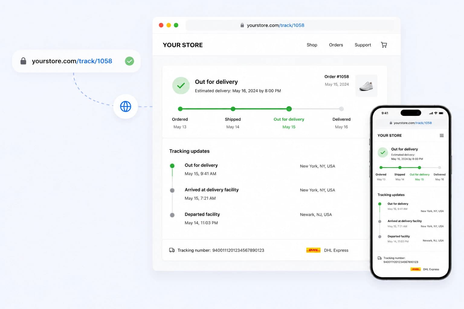 The branded tracking page served on the merchant's own store URL, on desktop and mobile