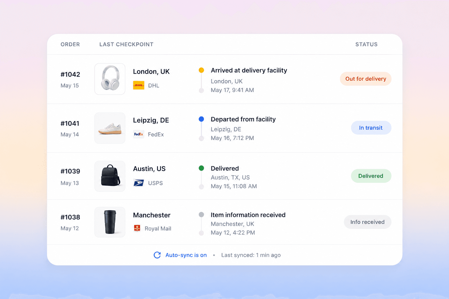 A shipments explorer of recent Shopify orders with carrier, last checkpoint and status