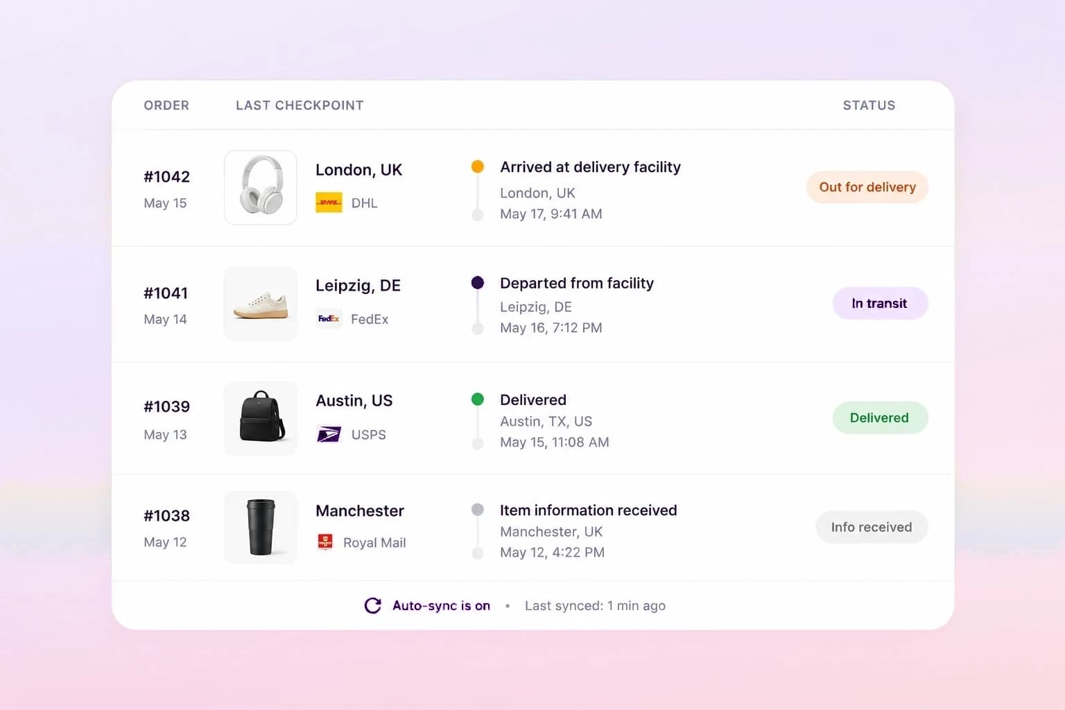 Ein Sendungs-Explorer mit aktuellen Shopify-Bestellungen, Paketdienst, letztem Scan und Status
