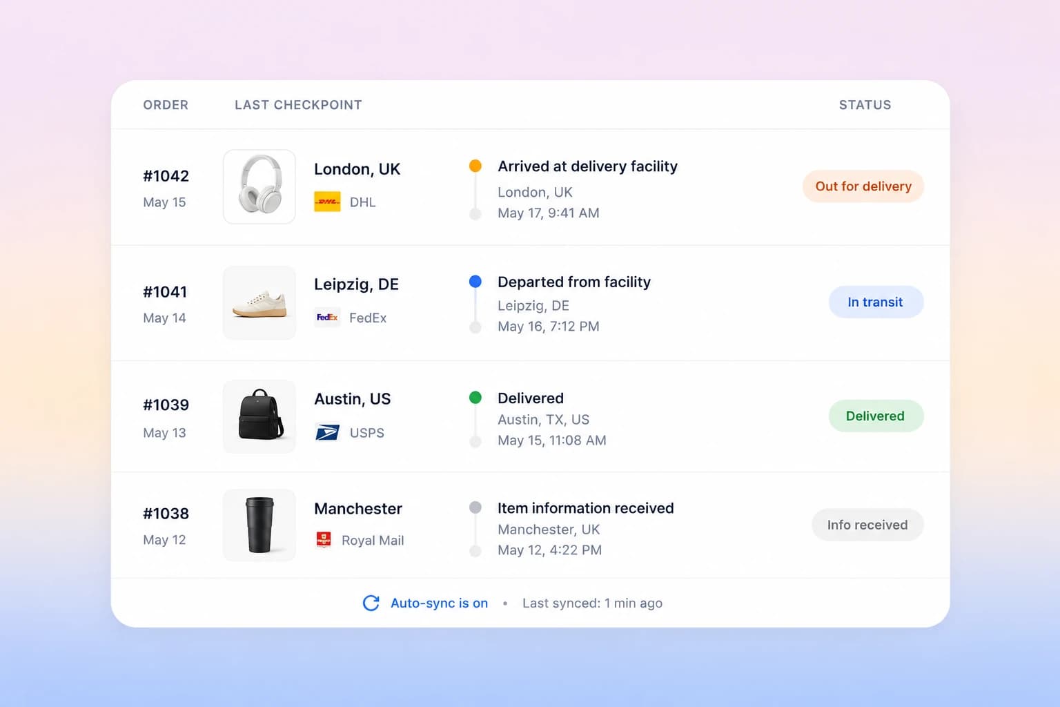 A shipments explorer of recent Shopify orders with carrier, last checkpoint and status