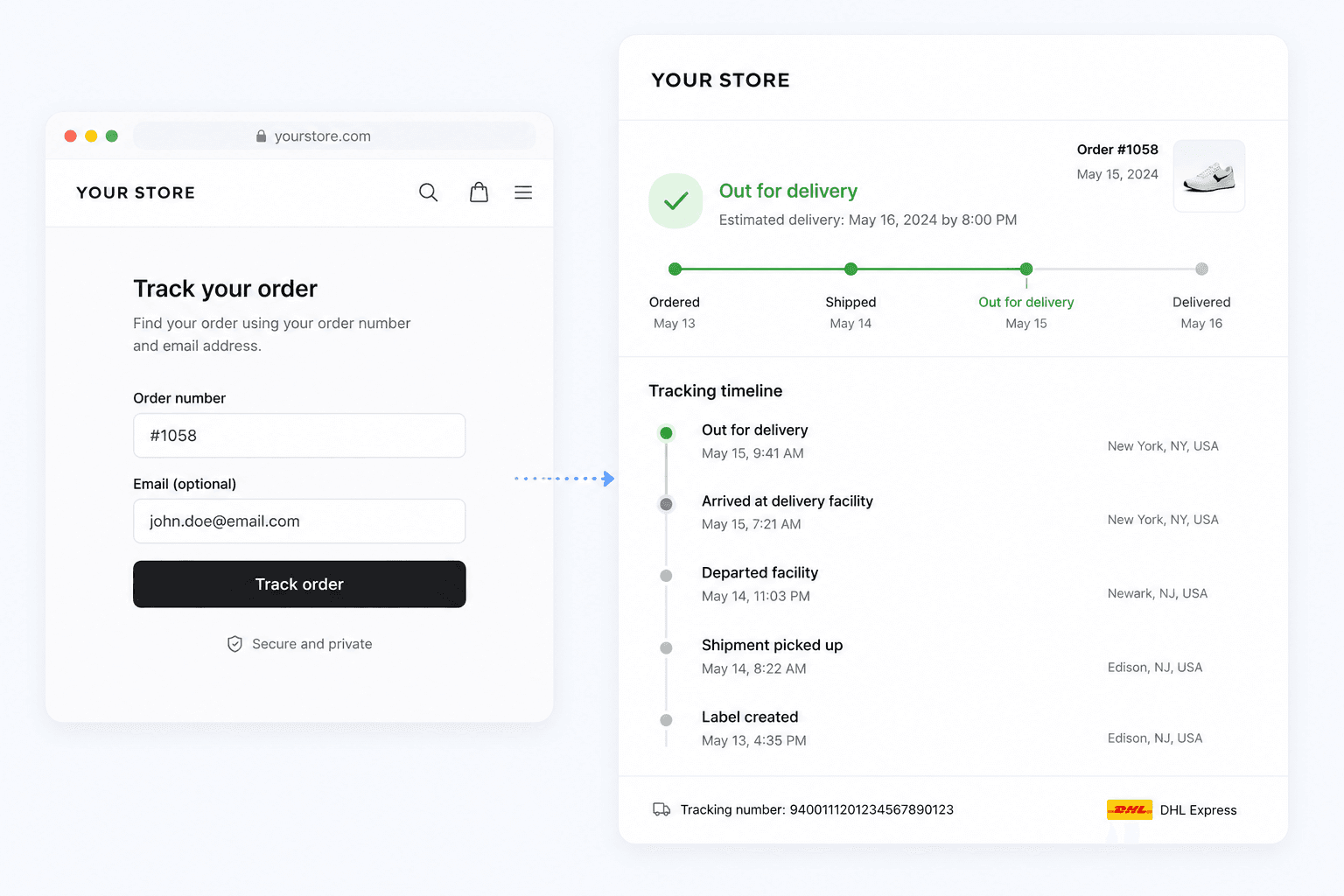 Shoppers looking up an order by order number and email, then seeing the live tracking timeline
