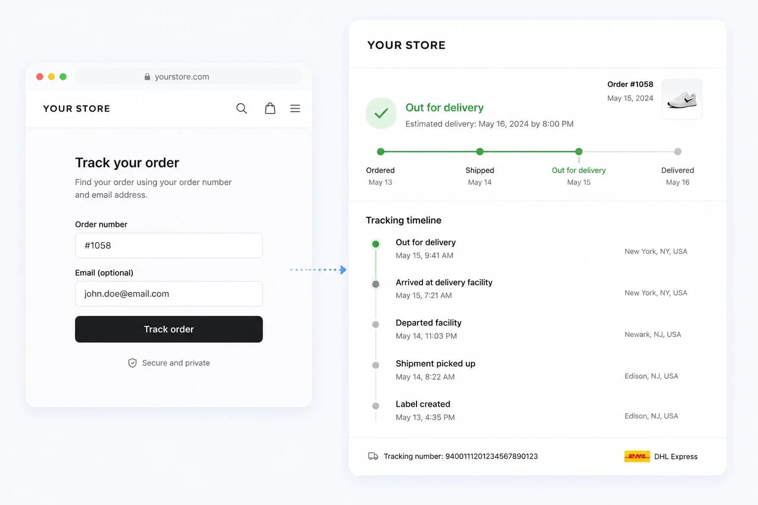 Kunden suchen eine Bestellung per Bestellnummer und E-Mail und sehen dann die Live-Zeitleiste