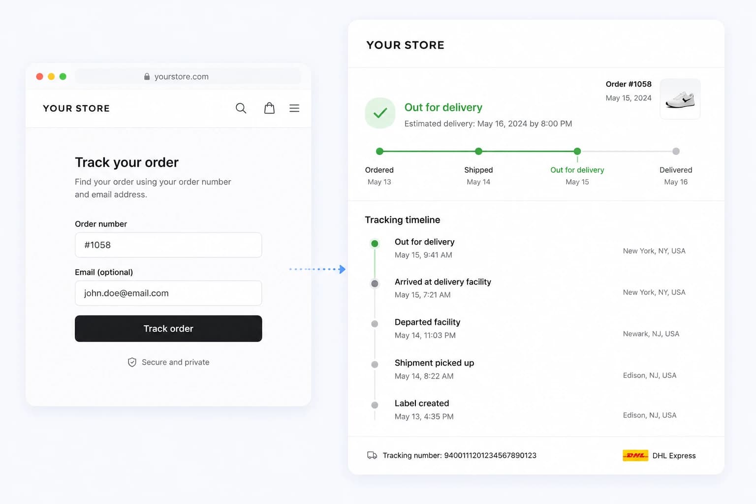 Shoppers looking up an order by order number and email, then seeing the live tracking timeline
