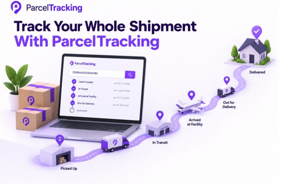 Shipping label with tracking number barcode and routing details